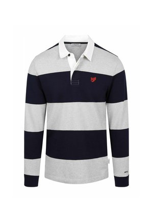 Langärmliges Rugby-Shirt mit breiten, abwechselnden horizontalen Streifen in Marineblau und Hellgrau sowie weißem Kragen. Kleines rotes Logo auf der Brust.