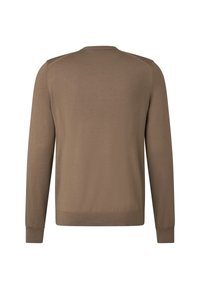 Brown long-sleeve sweater with a crew neckline, made of a smooth knit fabric. Features ribbed cuffs and hem, minimalist design without embellishments.
