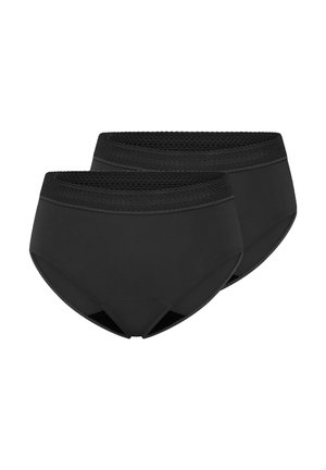 Schwarze, hoch taillierte Unterwäsche mit atmungsaktiver Spitzenbesatz am Bund, ausgestattet mit elastischen Kanten und einem glatten Stofffinish. Zwei Paare enthalten.