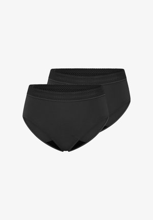 Culottes taille haute noires avec une bande de dentelle respirante à la ceinture, dotées de bords élastiques et d'une finition en tissu lisse. Deux paires incluses.
