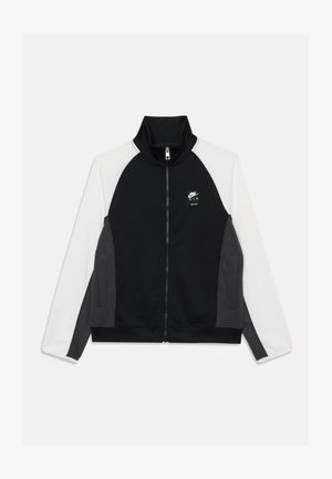 Giacca Nike con zip frontale, colletto alto, corpo nero con maniche bianche e grigie, tasche laterali e dettaglio del logo sul petto.