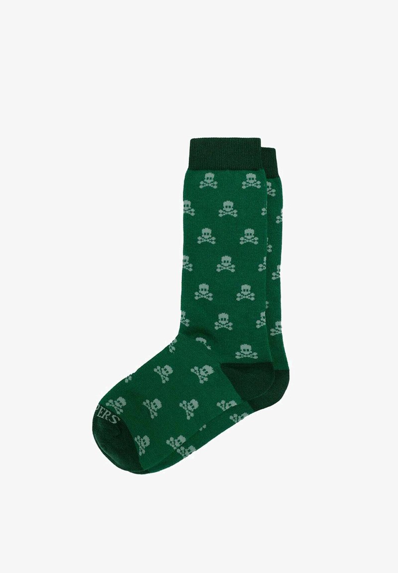 Chaussettes vertes ornées d'un motif répété de tête de mort et os croisés. Fabriquées en matériau doux avec un revers côtelé et un renforcement au niveau des orteils.
