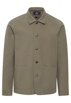 Olive green jacket made of cotton with a collar, button front, and two front pockets. Features a smooth texture and simple design.
