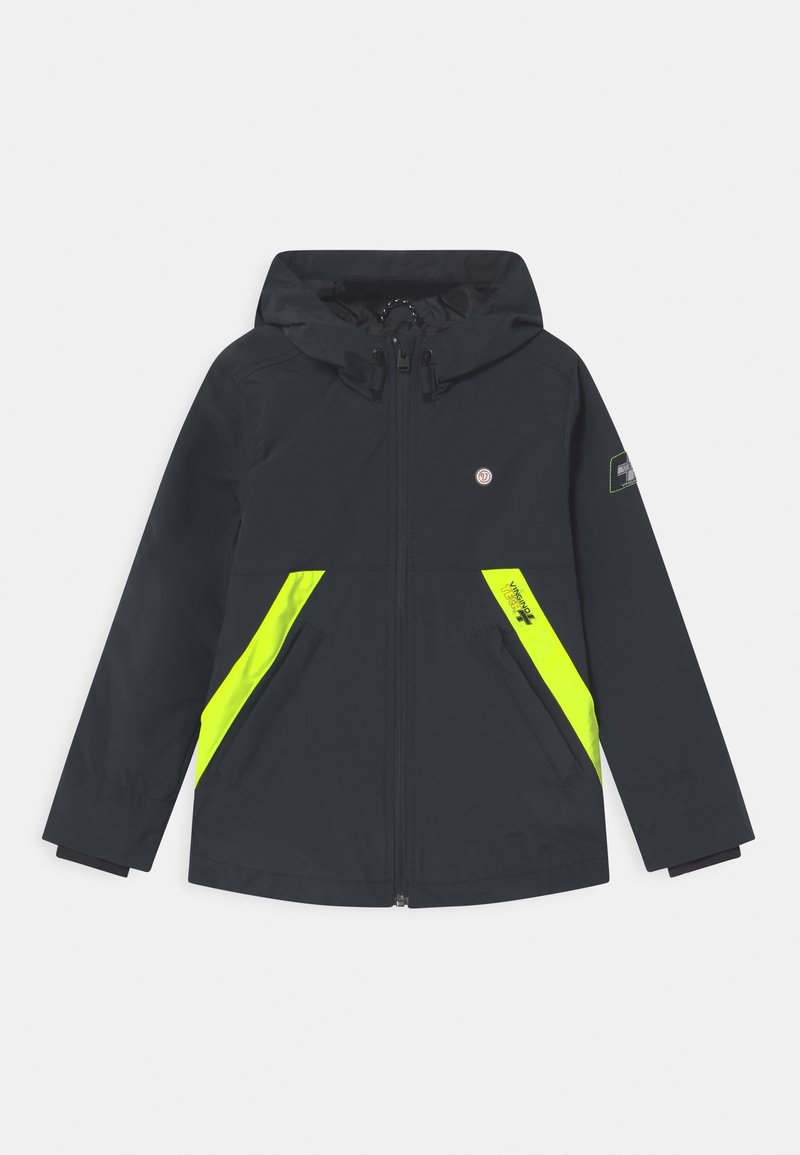 Veste noire à capuche avec fermeture éclair à l'avant, deux poches zippées avec accents réfléchissants jaunes, et écussons logo sur la poitrine et la manche gauche.