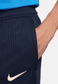 Pantaloni sportivi navy con strisce verticali testurizzate, vita elasticizzata e tasca laterale. Presentano un logo Nike crema vicino all'orlo.
