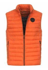 Oranje puffer vest met een hoge kraag, voorkant met rits en twee zijzakken. Heeft horizontale stiksel en een ronde logo-accent.