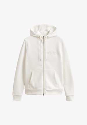 Witte zip-up hoodie met voorzakken, trekkoord capuchon en subtiel reliëflogo op de linkerborst.