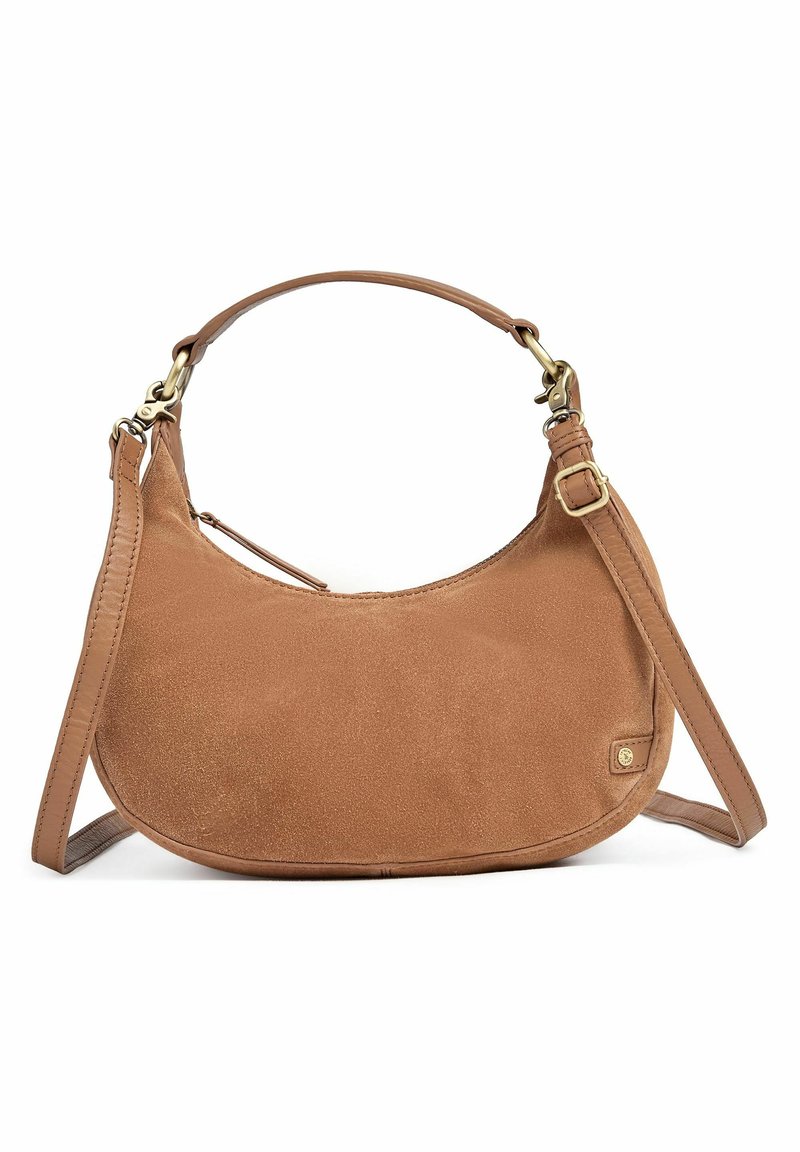 Borsa hobo in suede marrone con forma curvata, tracolla in pelle regolabile, inserti in ottone e tasca con zip sul lato.