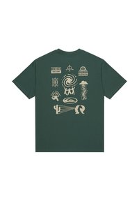 Dark green cotton t-shirt featuring beige graphic prints, including outdoor-themed icons and text, on the backside. Short sleeves, crew neck.