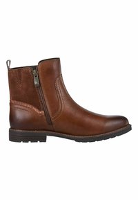 Bottines en cuir marron avec des accents en daim, détail de fermeture éclair sur le côté, bout rond et petit talon empilé. Fini texturé avec des coutures contrastées.