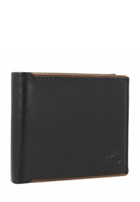 Zwarte leren portemonnee met een gladde textuur, met een contrasterende bruine binnenkant en zichtbare stiksels. Minimalistisch ontwerp, rechtopstaande vorm.