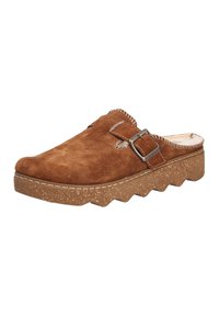 Brown suede clogs with an adjustable metal buckle, textured wedge outsole, and contrasting stitching along the edges.
