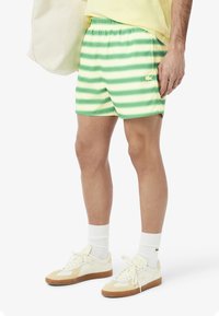 Bañadores a rayas verdes y amarillos con cintura elástica y un pequeño logotipo. Combinados con zapatillas crema y calcetines blancos.