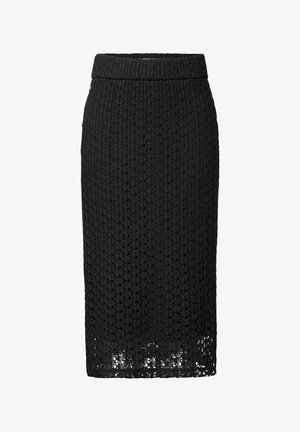 Black midi skirt made of textured lace, featuring a ribbed waistband, intricate patterns, and a scalloped hemline.