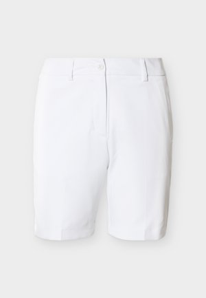 Białe, dopasowane szorty z szlufkami na pasek, zapinane z przodu na guzik i suwak, pokazane na jednolitym tle.