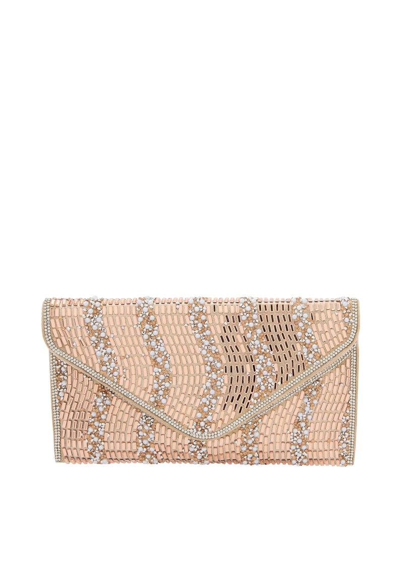 Clutch-pung i blød pink med bølgemønster. Har perlede detaljer og metallisk trim. Lavet af strukturerede materialer, med en sikker flaplukning.