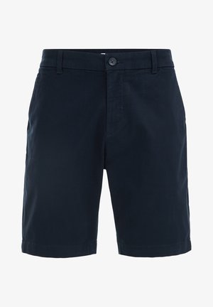 Pantaloni corti in cotone blu navy con chiusura a bottone, passanti per cintura, due tasche laterali e una linea pulita e dritta.