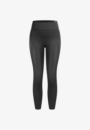 Leggings negros de tela lisa y elástica con una cintura alta y diseño de longitud completa, con costuras mínimas y sin logotipos visibles.