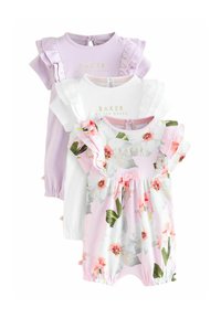 Tre tutine per bambini: lilla e bianca con maniche a volant, e una fantasia floreale rosa con un fiocco. Materiale in cotone morbido, stampe vivaci.
