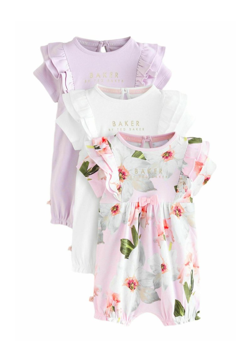 Tre tutine per bambini: lilla e bianca con maniche a volant, e una fantasia floreale rosa con un fiocco. Materiale in cotone morbido, stampe vivaci.