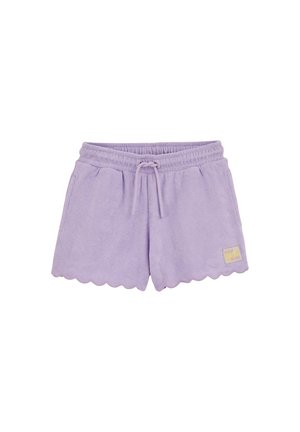 Shorts en éponge lilas avec taille élastique, cordon de serrage, poches latérales et détail d'ourlet festonné.