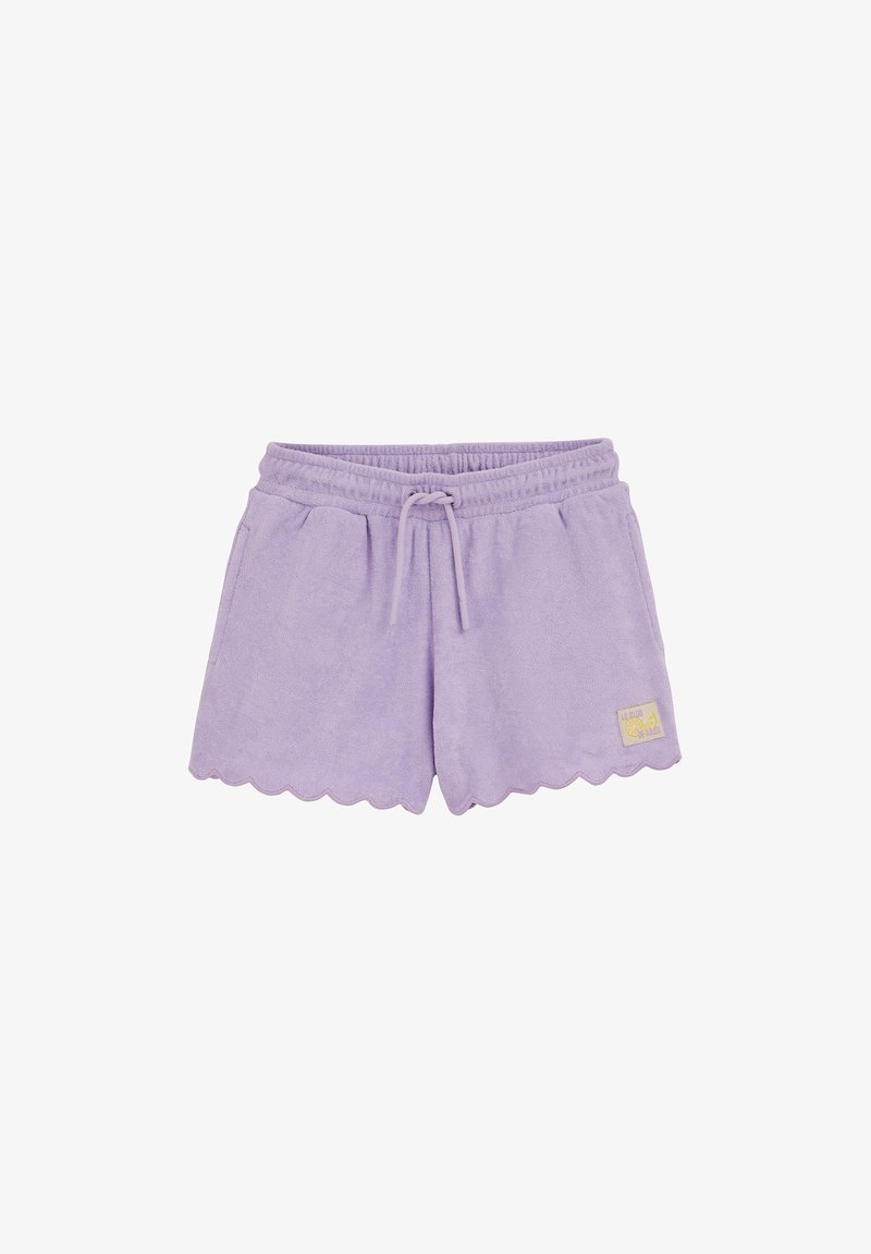 Fliederfarbene Shorts aus Frottee mit elastischem Bund, Kordelzug, Seitentaschen und gewelltem Saumdetail.