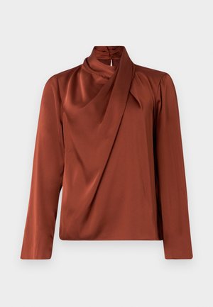 Rust brown long-sleeve satin blouse with a draped high neckline and subtle seam details on a plain light background.