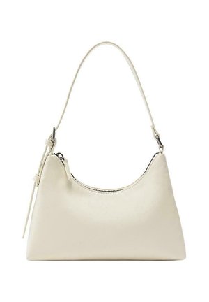 Mała kremowa skórzana torebka na ramię z górnym zamkiem błyskawicznym i regulowanym paskiem, minimalistyczny design.