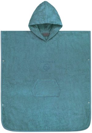 Türkisfarbener Kapuzen-Poncho aus Frottee mit Fronttasche und kleinem Logo, mittig unter der Kapuze platziert, gestaltet für einfaches An- und Trocknen.