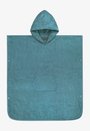 Türkisfarbener Kapuzen-Poncho aus Frottee mit Fronttasche und kleinem Logo, mittig unter der Kapuze platziert, gestaltet für einfaches An- und Trocknen.