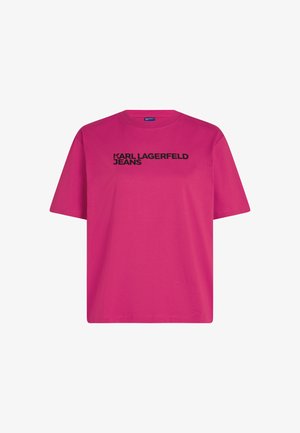 Rosa bomull T-skjorte med korte ermer, rund hals og svart "KARL LAGERFELD JEANS" logo trykt på forsiden.