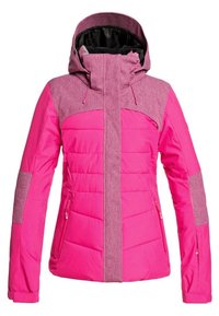 Giacca isolante rosa con un mix di pannelli uniformi e mélange, tasche con zip, colletto alto e cappuccio regolabile. Texture liscia.