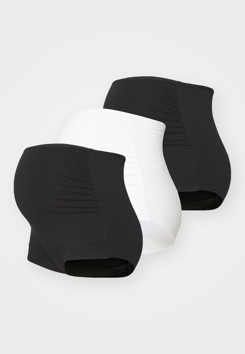 Tri par visokih oblikovalnih hlačk v črni in beli barvi. Narejene so iz gladkega, elastičnega materiala z nabranimi detajli ob straneh.