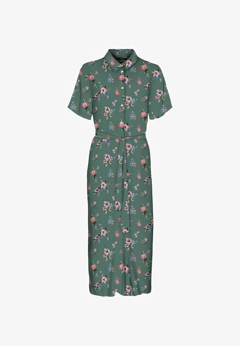 Florales Midi-Kleid aus grünem Stoff, mit kurzen Ärmeln, einer Knopfleiste und einem gebundenen Taillengurt. Verfügt über rosa und blaue Blumenmuster.