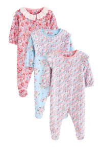 Three baby rompers: one red floral, one light blue with small flowers, and one pastel floral, featuring soft fabric, ruffled sleeves, and a collar.