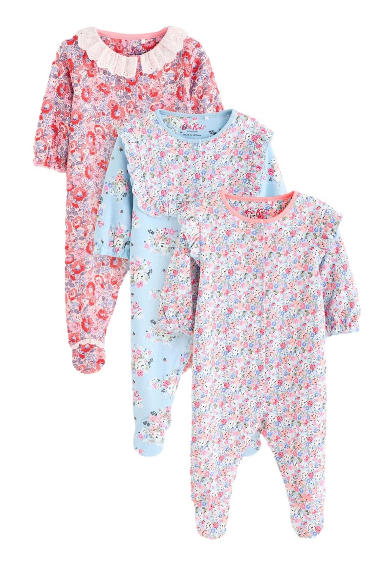 Three baby rompers: one red floral, one light blue with small flowers, and one pastel floral, featuring soft fabric, ruffled sleeves, and a collar.