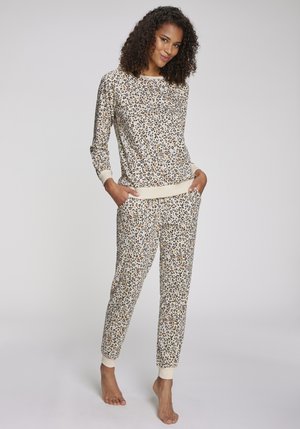 Ensemble de loungewear à imprimé léopard comprenant un haut à manches longues avec des poignets côtelés et un pantalon à coupe décontractée avec des chevilles élastiquées et des poches latérales.