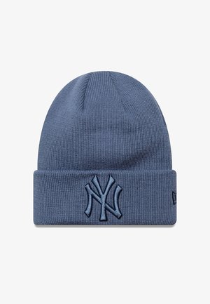 Berretto lavorato a maglia blu con risvolto e logo "NY" ricamato di colore blu scuro sul davanti. Tessuto morbido e vestibilità aderente.