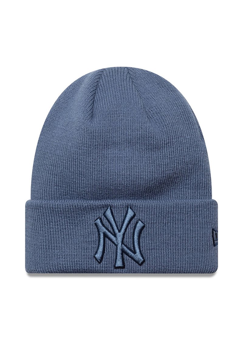 Berretto lavorato a maglia blu con risvolto e logo "NY" ricamato di colore blu scuro sul davanti. Tessuto morbido e vestibilità aderente.