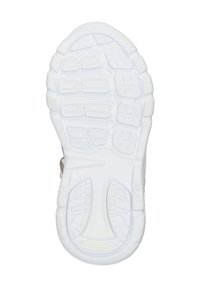 Semelle en caoutchouc blanc avec un motif texturé comprenant des semelles en forme de cercle et de rectangle pour une meilleure adhérence. Bords lisses et bout arrondi.
