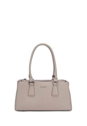 Sac à main rectangulaire beige avec double poignée supérieure, surface texturée et fermeture éclair argentée. Nom de la marque Diana&Co Firenze au centre devant.