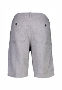 Grå linshorts med en mjuk textur, två bakfickor med knappstängning och en avslappnad passform vid midjan och låren.