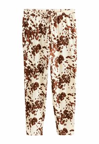 Brown and cream patterned joggers with an elastic waistband and drawstring. Made from soft fabric, featuring a splatter print design.