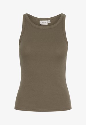 Débardeur côtelé vert olive avec col rond et larges bretelles. Le tissu semble doux et le design est ajusté.