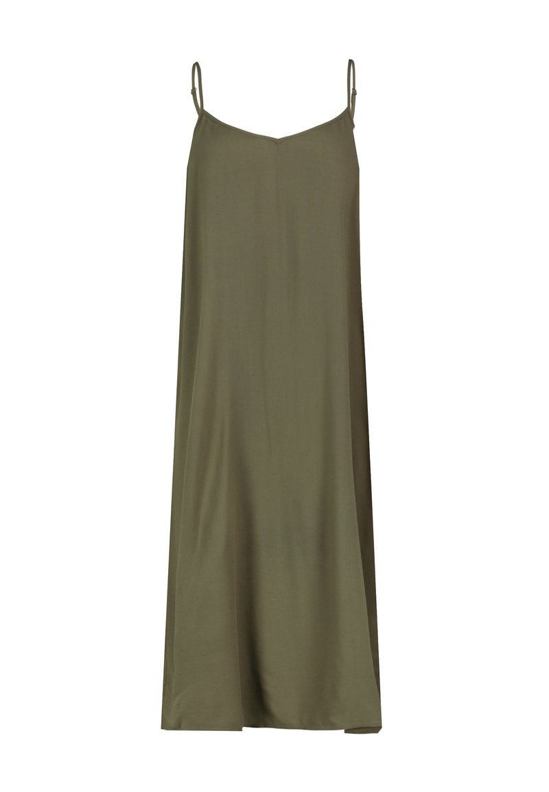 Olivgrünes, ärmelloses Kleid mit Spaghetti-Trägern, V-Ausschnitt, fließender A-Linien-Form, glatter Textur und knielangem Saum.