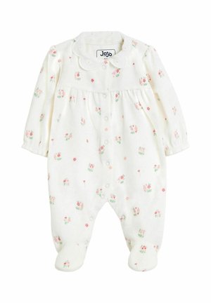 Weißer Baby-Body aus weichem Material mit einem floralen Muster in Rosa- und Grüntönen, mit langen Ärmeln und einem rundem Kragen. Vorderer Druckknopfverschluss.