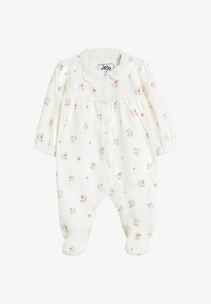 Weißer Baby-Body aus weichem Material mit einem floralen Muster in Rosa- und Grüntönen, mit langen Ärmeln und einem rundem Kragen. Vorderer Druckknopfverschluss.