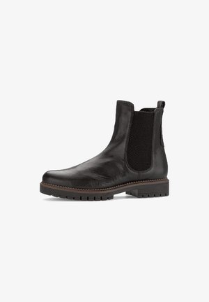 Zwarte leren Chelsea-boot met elastische zijpanelen, gestructureerd oppervlak, ronde neus en een stevige rubberen zool met profielen voor grip.
