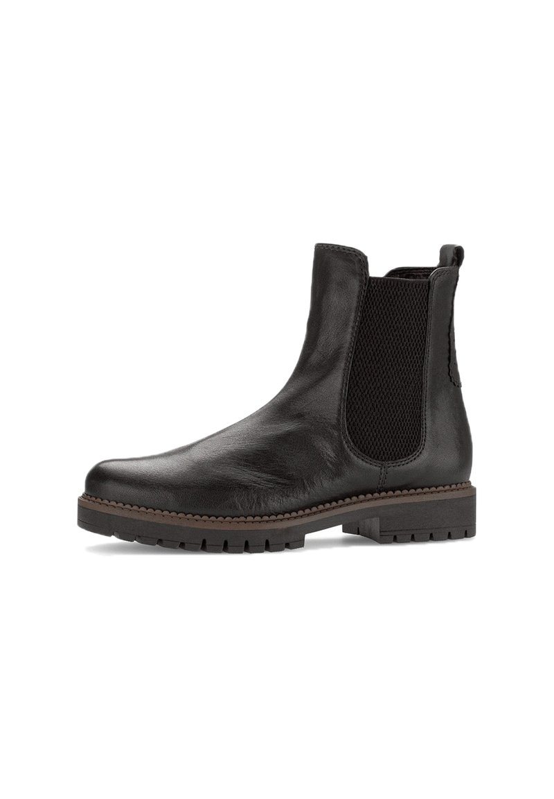 Botte Chelsea en cuir noir avec panneaux latéraux élastiques, surface texturée, bout arrondi et une semelle en caoutchouc robuste avec des crampons pour l'adhérence.