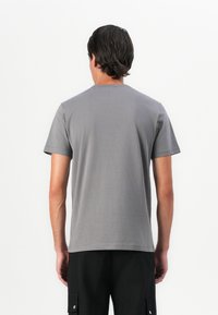 Gray short-sleeve t-shirt made of soft fabric, featuring a classic crew neck and straight hem, shown from the back without any patterns.